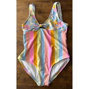 Kids Multi Color Floral Striped Tie Front One Piece Swimsuit Pastel Orange Blue